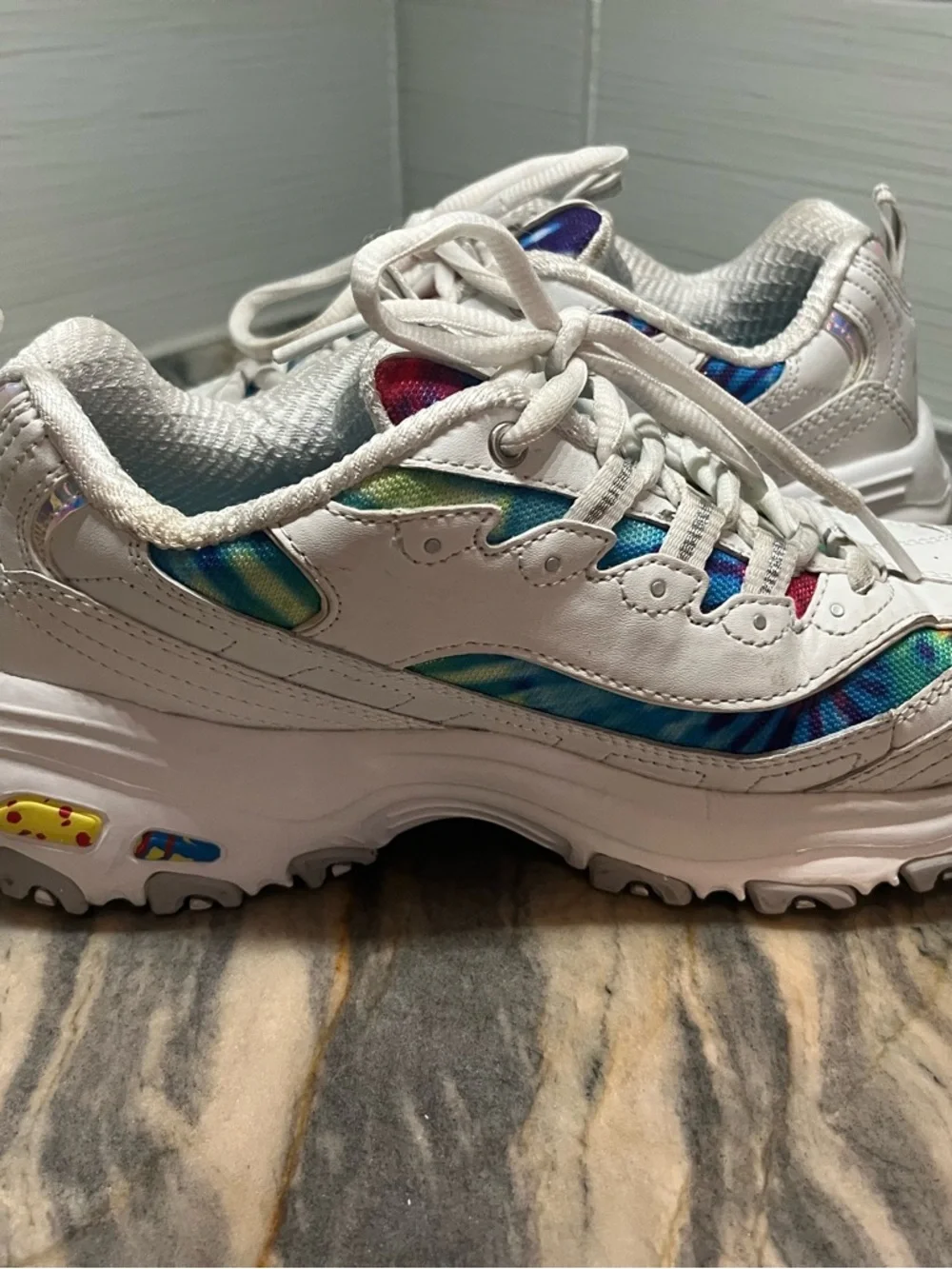 Skechers D'Lites Summer Fiesta 149015 Womens 6 White Leather Multi Tie Dye